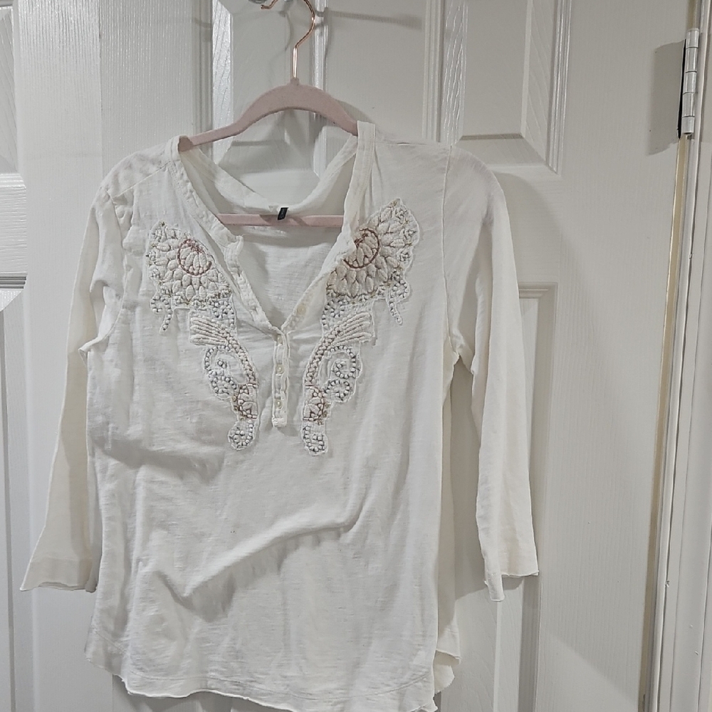 Anthropologie Cream Embroidered Blouse